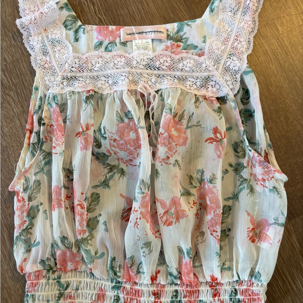 Band of Gypsies Floral Lace Trim Crop Top - Pink and Green